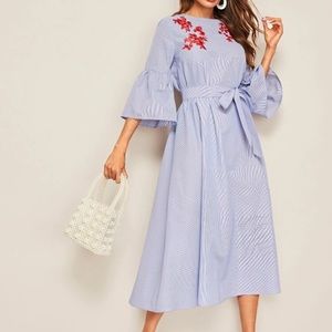 Embroidered Flounce Sleeve Striped Dress